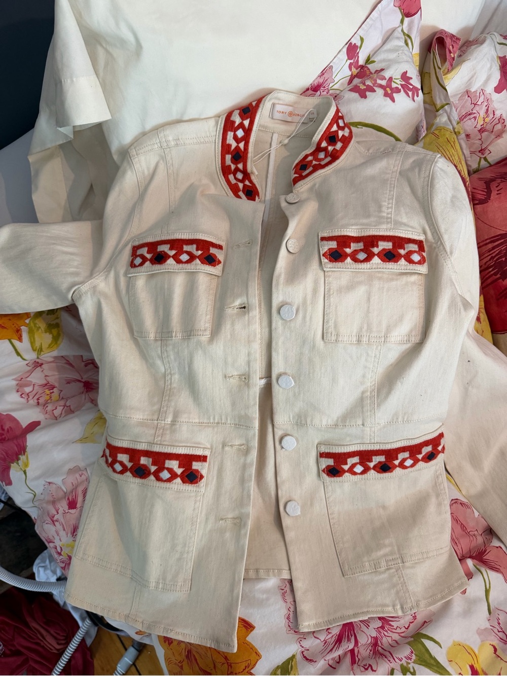 Tory Burch Cream Denim Jacket with Red Embroidered Trim